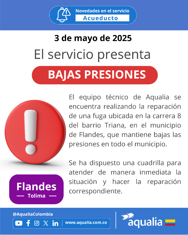 Bajas presiones y suspensión temporal del servicio de acueducto en Flandes
